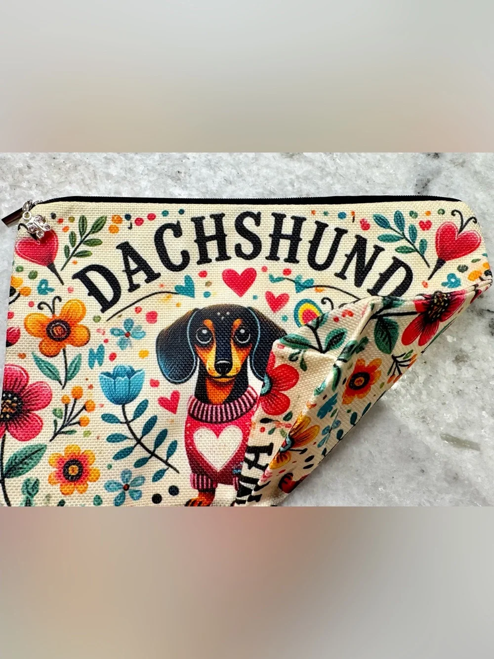 New Dachshund Mama Makeup Charger Dog Supplies Zippered Bag w/ Charm - 9.5”